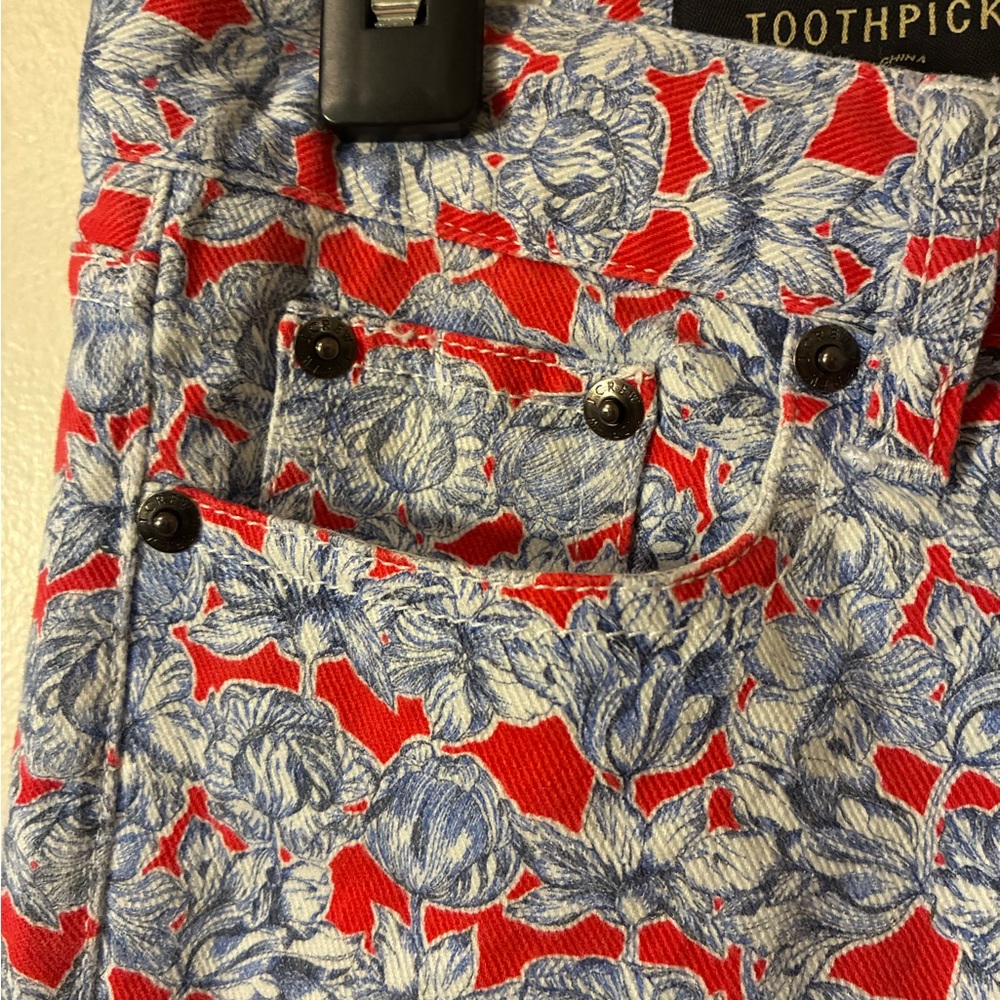 J. Crew Liberty Art London Matilda Toothpick Ankle Jeans Red Blue Floral EUC 24
